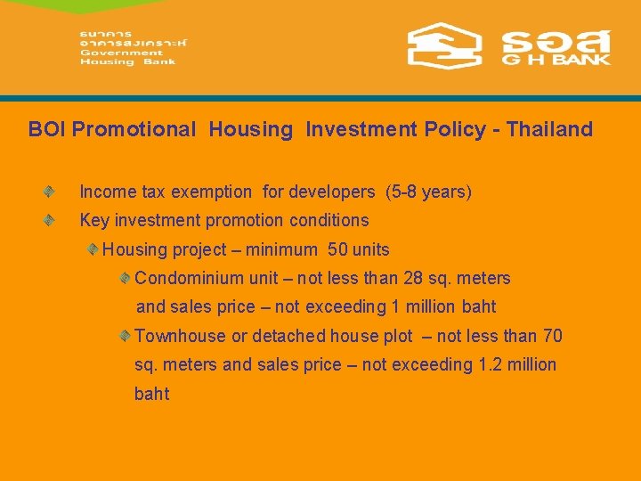 BOI Promotional Housing Investment Policy - Thailand Income tax exemption for developers (5 -8