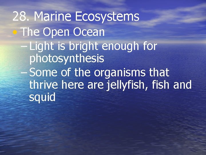 28. Marine Ecosystems • The Open Ocean – Light is bright enough for photosynthesis