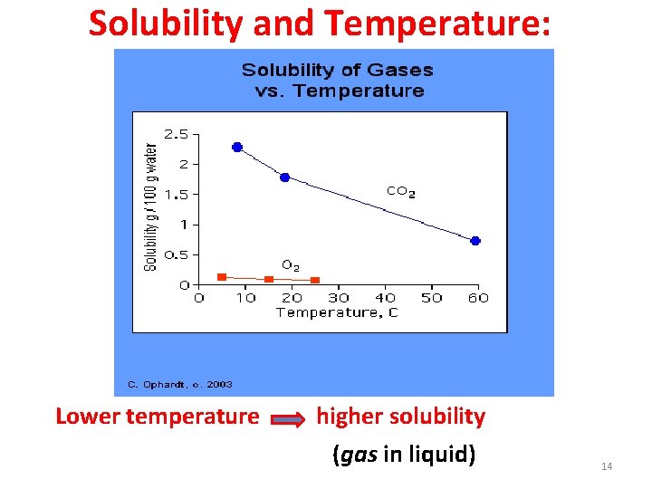Solubility and Temperature: Lower temperature higher solubility (gas in liquid) 14 