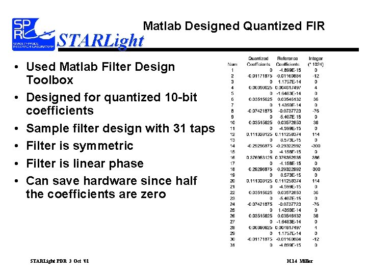 Matlab Designed Quantized FIR STARLight • Used Matlab Filter Design Toolbox • Designed for