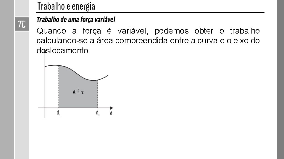 Quando a força é variável, podemos obter o trabalho calculando-se a área compreendida entre Quando a força é variável, podemos obter o trabalho calculando-se a área compreendida entre
