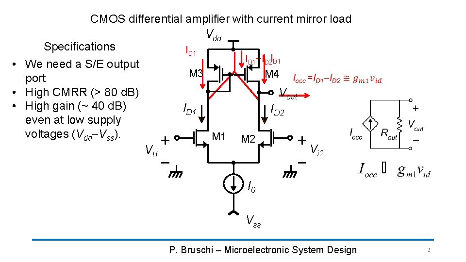 CMOS differential amplifier with current mirror load Vdd Specifications ID 1+ID 2 ID 1