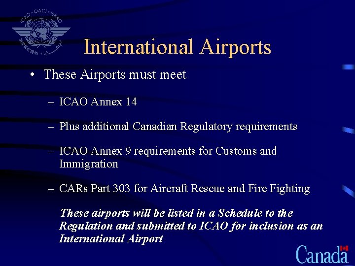 International Airports • These Airports must meet – ICAO Annex 14 – Plus additional