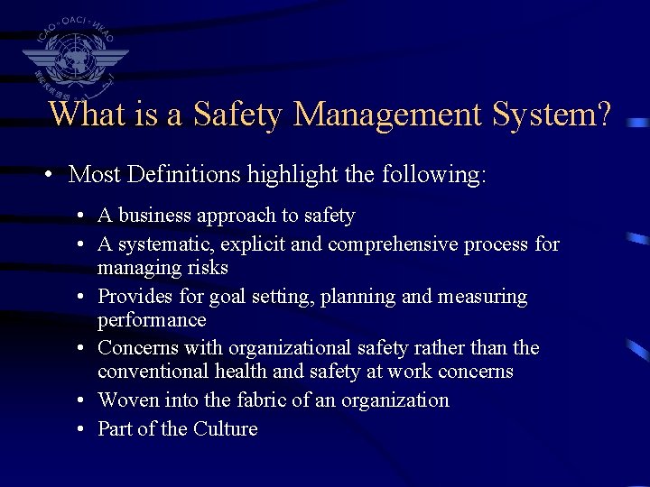 What is a Safety Management System? • Most Definitions highlight the following: • A