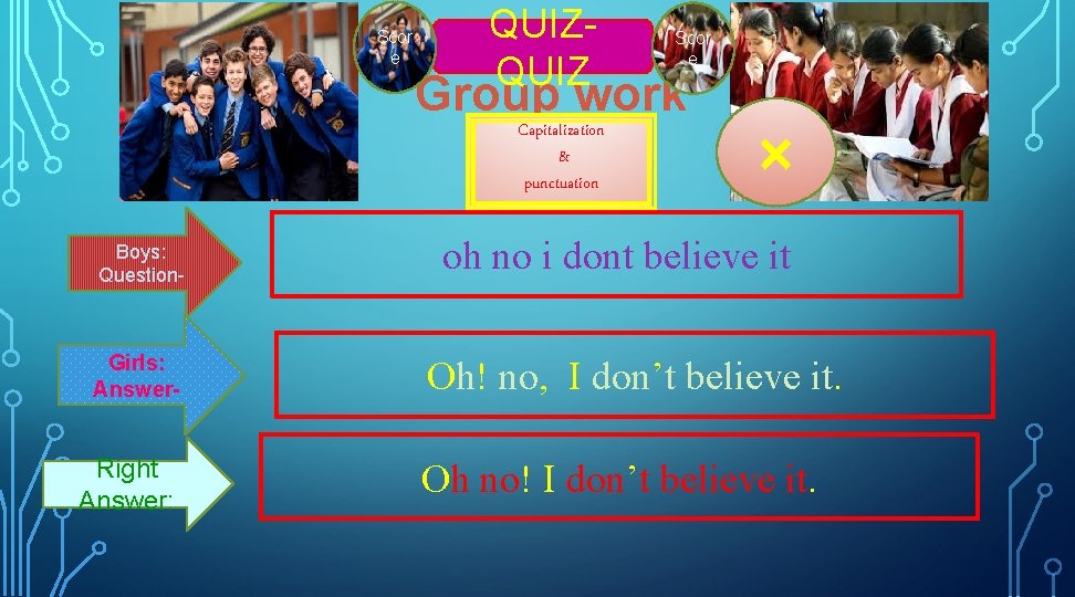 Scor e QUIZ Group work Capitalization & punctuation Boys: Question- Girls: Answer- Right Answer: