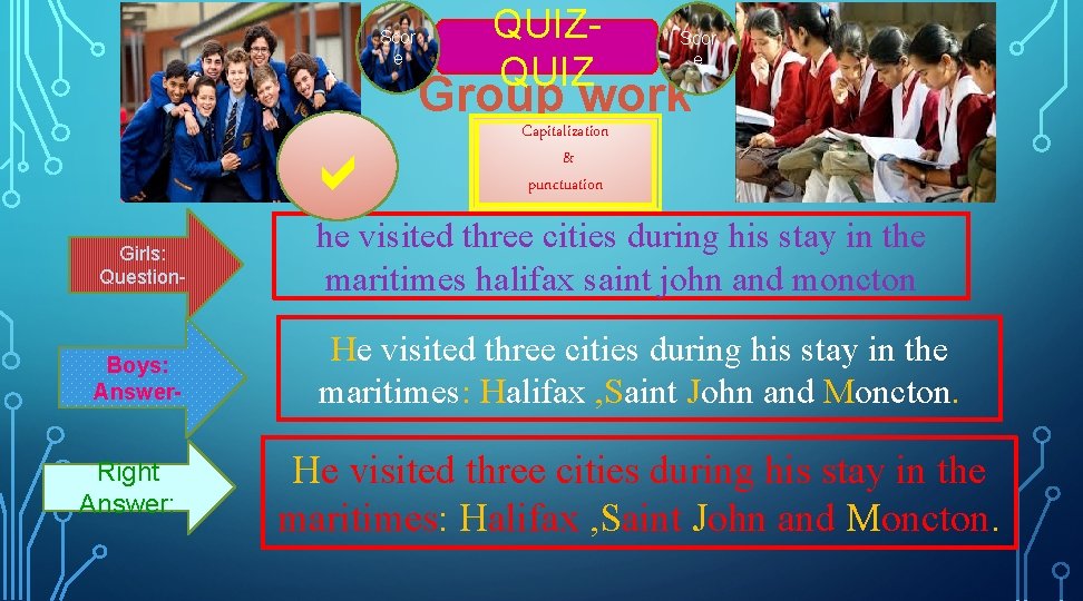 Scor e QUIZ Scor e Group work Capitalization & punctuation Girls: Question- he visited