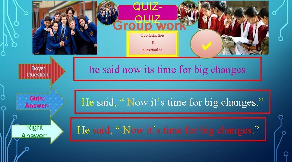 Scor e QUIZ Group work Capitalization & punctuation Boys: Question- Girls: Answer- Right Answer: