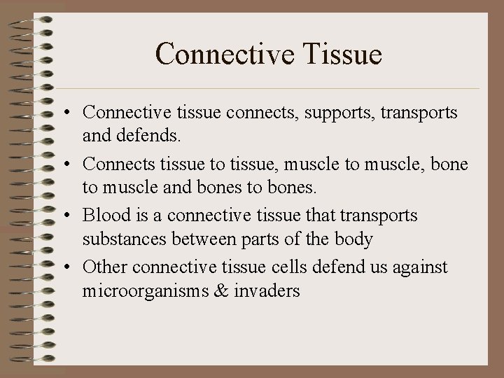 Connective Tissue • Connective tissue connects, supports, transports and defends. • Connects tissue to