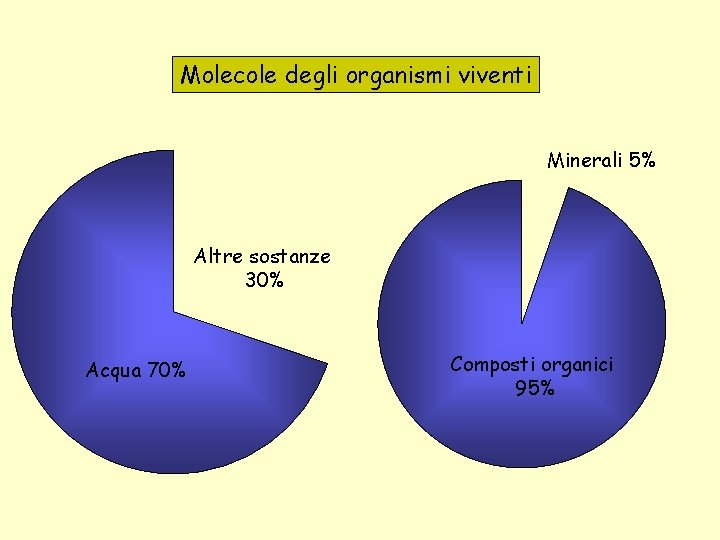 Molecole degli organismi viventi Minerali 5% Altre sostanze 30% Acqua 70% Composti organici 95%