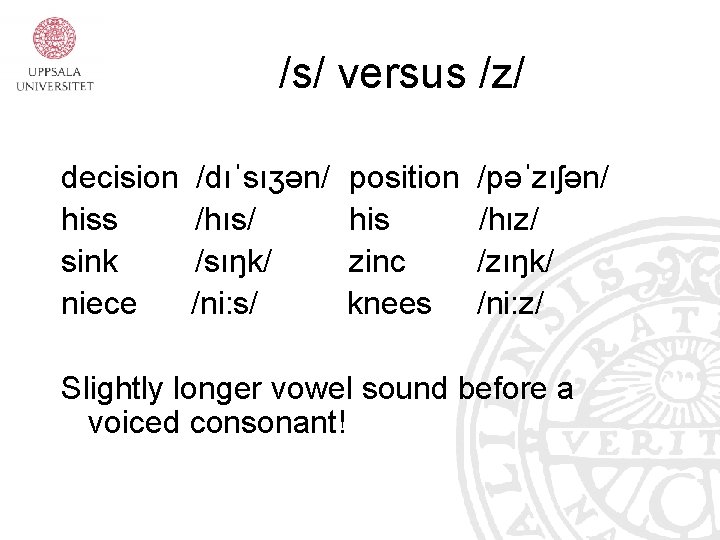 /s/ versus /z/ decision hiss sink niece /dıˈsıʒən/ /hıs/ /sıŋk/ /ni: s/ position his