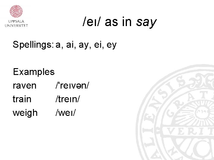 /eı/ as in say Spellings: a, ai, ay, ei, ey Examples raven /'reıvən/ train