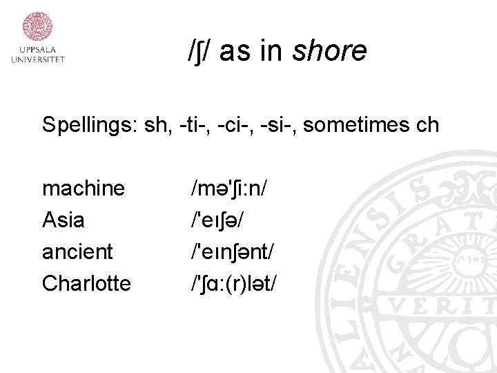 /ʃ/ as in shore Spellings: sh, -ti-, -ci-, -si-, sometimes ch machine Asia ancient