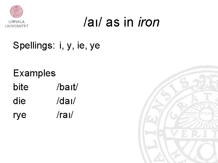 /aı/ as in iron Spellings: i, y, ie, ye Examples bite /baıt/ die /daı/