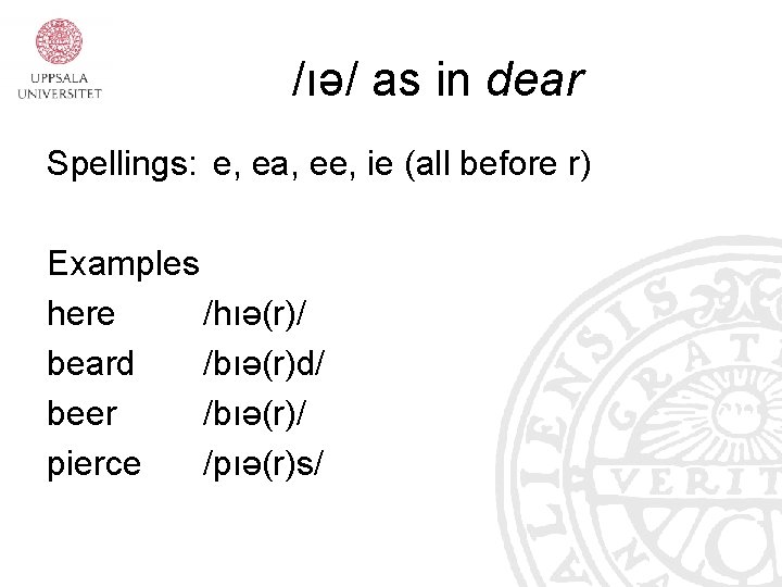 /ıə/ as in dear Spellings: e, ea, ee, ie (all before r) Examples here