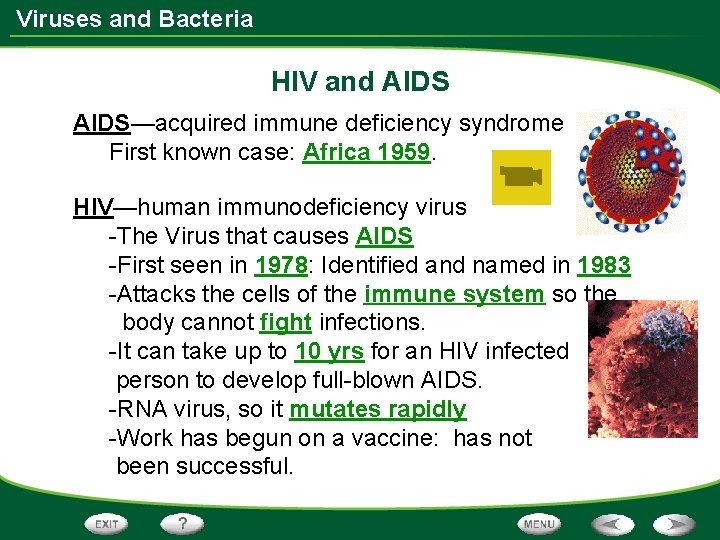 Viruses and Bacteria HIV and AIDS—acquired immune deficiency syndrome First known case: Africa 1959.