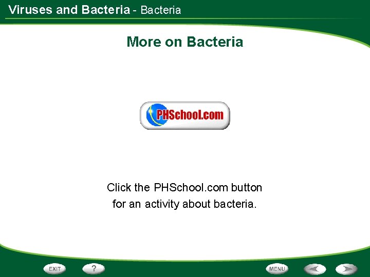 Viruses and Bacteria - Bacteria More on Bacteria Click the PHSchool. com button for