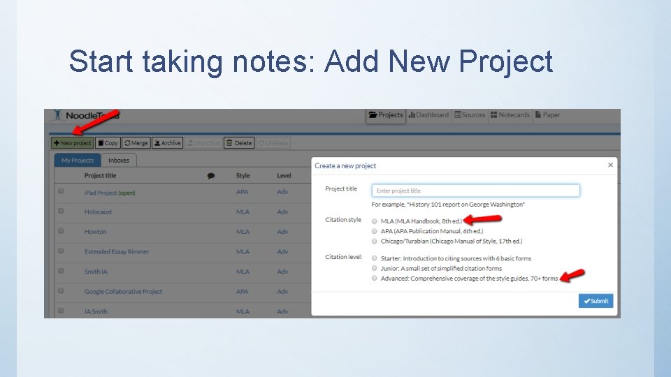 Start taking notes: Add New Project 