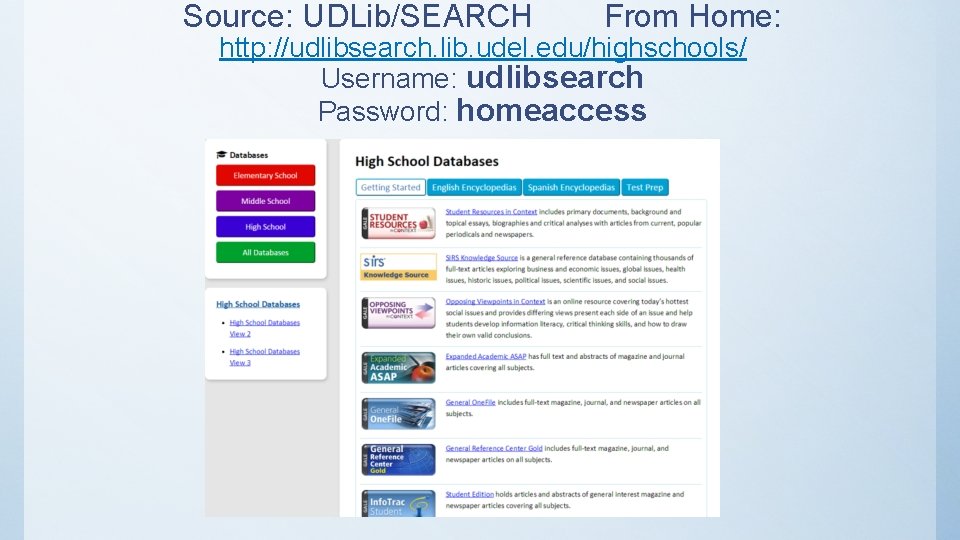 Source: UDLib/SEARCH From Home: http: //udlibsearch. lib. udel. edu/highschools/ Username: udlibsearch Password: homeaccess 