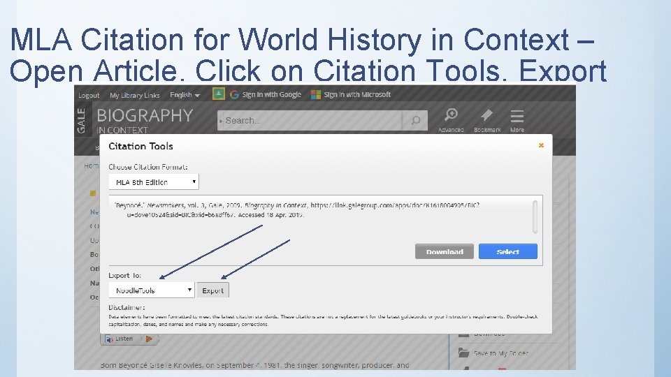 MLA Citation for World History in Context – Open Article, Click on Citation Tools,