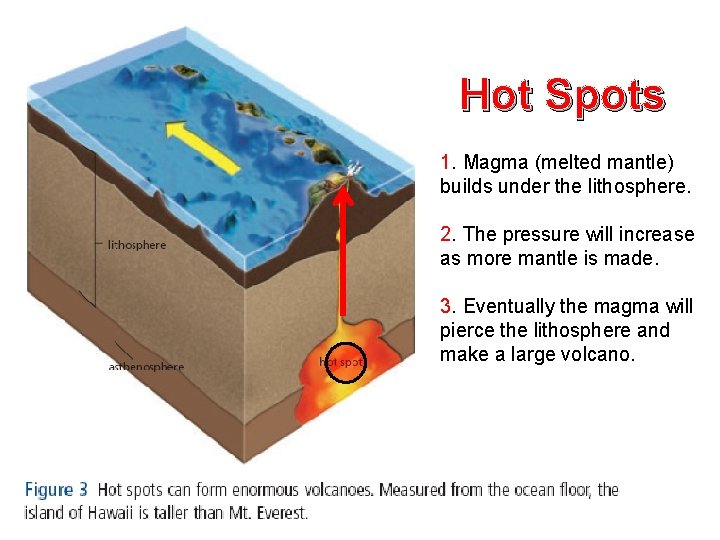 Hot Spots 1. Magma (melted mantle) builds under the lithosphere. 2. The pressure will