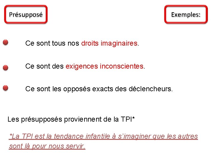 Présupposé Exemples: Ce sont tous nos droits imaginaires Ce sont des exigences inconscientes Ce