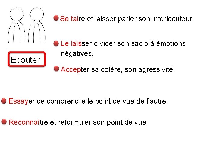 Se taire et laisser parler son interlocuteur. Ecouter Le laisser « vider son sac