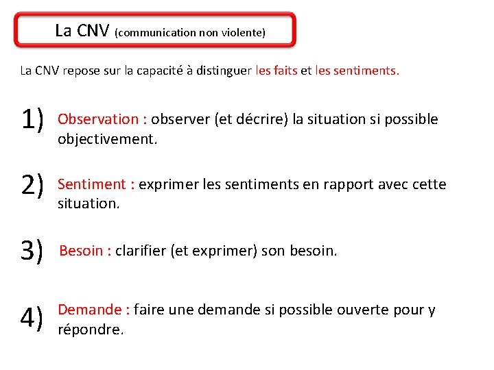 La CNV (communication non violente) La CNV repose sur la capacité à distinguer les