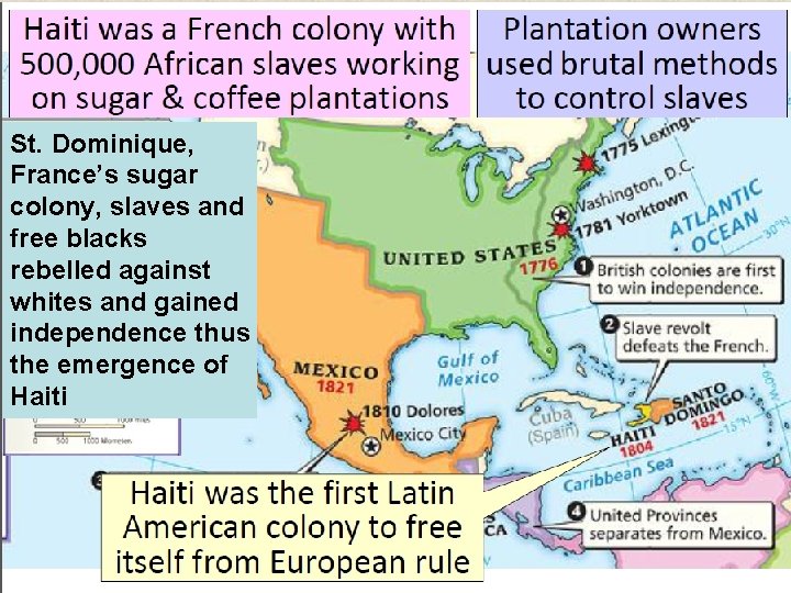 St. Dominique, France’s sugar colony, slaves and free blacks rebelled against whites and gained