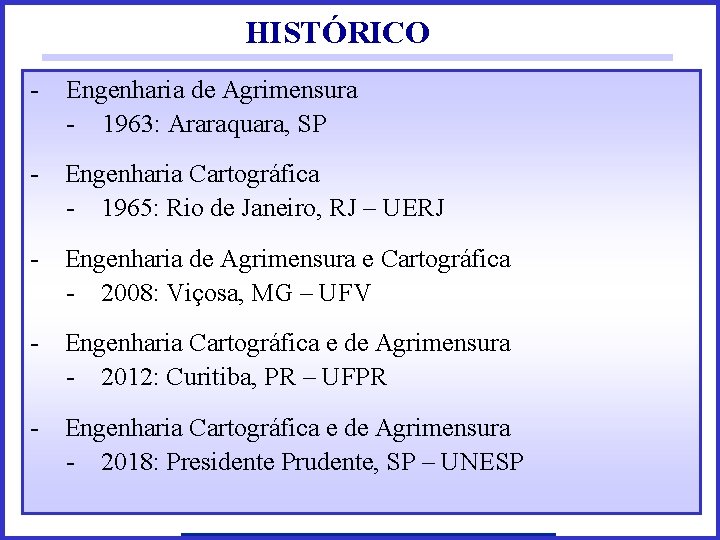 HISTÓRICO - Engenharia de Agrimensura - 1963: Araraquara, SP - Engenharia Cartográfica - 1965: