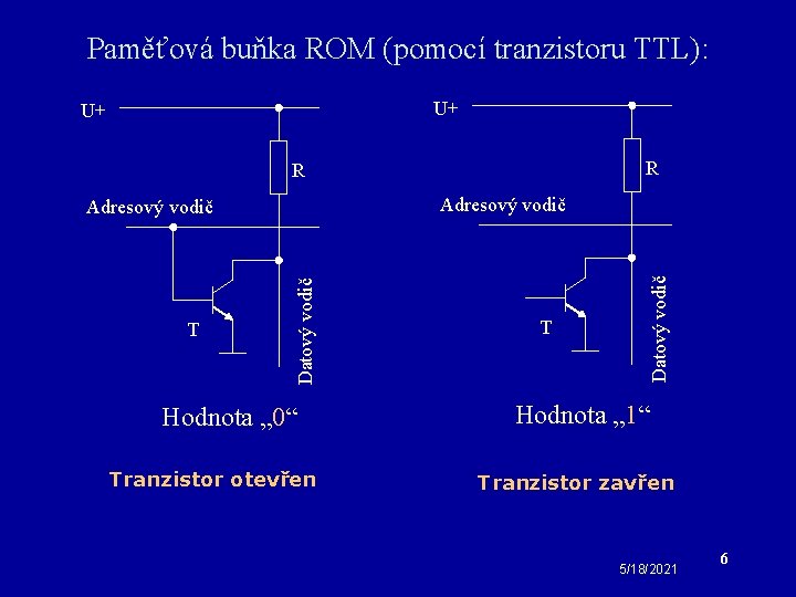 Paměťová buňka ROM (pomocí tranzistoru TTL): U+ U+ R R Datový vodič T Hodnota