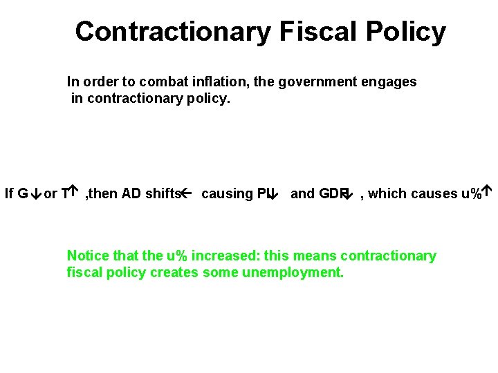 Contractionary Fiscal Policy In order to combat inflation, the government engages in contractionary policy.