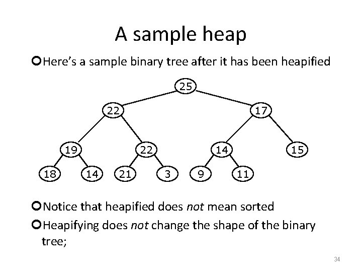 A sample heap Here’s a sample binary tree after it has been heapified 25
