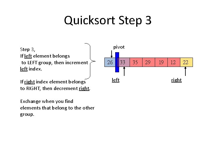 Quicksort Step 3, If left element belongs to LEFT group, then increment left index.
