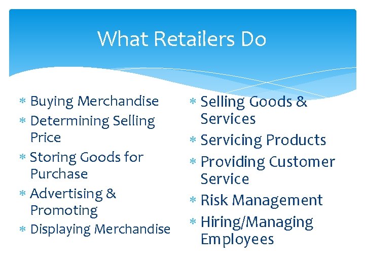What Retailers Do Buying Merchandise Determining Selling Price Storing Goods for Purchase Advertising &