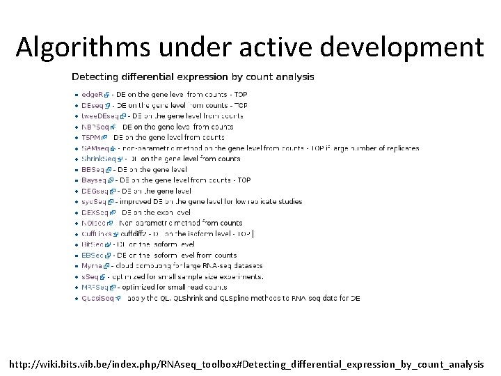 Algorithms under active development http: //wiki. bits. vib. be/index. php/RNAseq_toolbox#Detecting_differential_expression_by_count_analysis Algorithms under active development http: //wiki. bits. vib. be/index. php/RNAseq_toolbox#Detecting_differential_expression_by_count_analysis