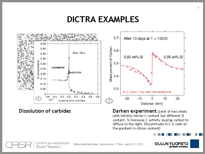 7 DICTRA EXAMPLES Dissolution of carbides Darken experiment (joint of two steels with initially