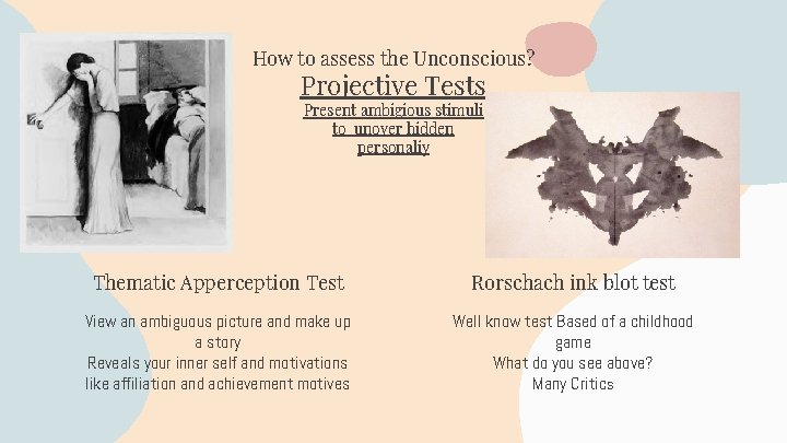 How to assess the Unconscious? Projective Tests Present ambigious stimuli to unover hidden personaliy