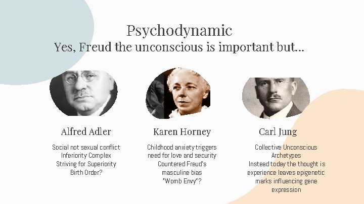 Psychodynamic Yes, Freud the unconscious is important but… Alfred Adler Karen Horney Social not