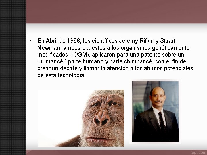  • En Abril de 1998, los científicos Jeremy Rifkin y Stuart Newman, ambos