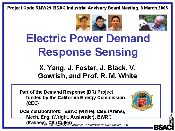 Project Code RMW 29 BSAC Industrial Advisory Board Meeting, 8 March 2005 Electric Power