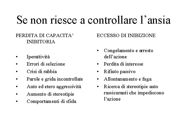 Se non riesce a controllare l’ansia PERDITA DI CAPACITA’ INIBITORIA • • Iperattività Errori