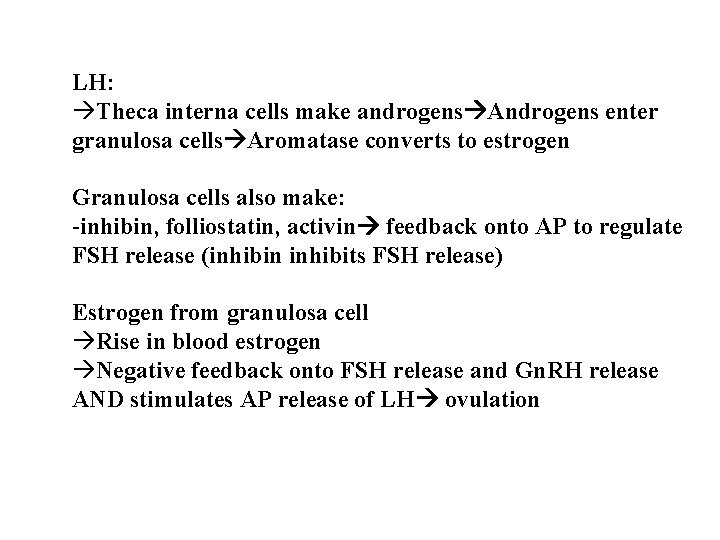 LH: àTheca interna cells make androgens Androgens enter granulosa cells Aromatase converts to estrogen