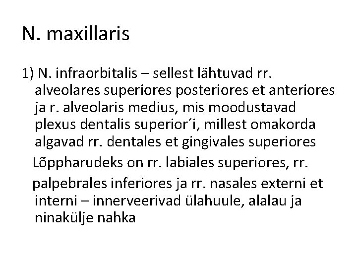 N. maxillaris 1) N. infraorbitalis – sellest lähtuvad rr. alveolares superiores posteriores et anteriores