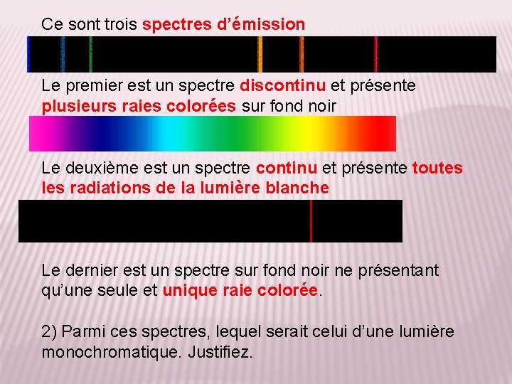 Ce sont trois spectres d’émission Le premier est un spectre discontinu et présente plusieurs