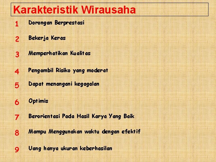 Karakteristik Wirausaha 1 Dorongan Berprestasi 2 Bekerja Keras 3 Memperhatikan Kualitas 4 Pengambil Risiko