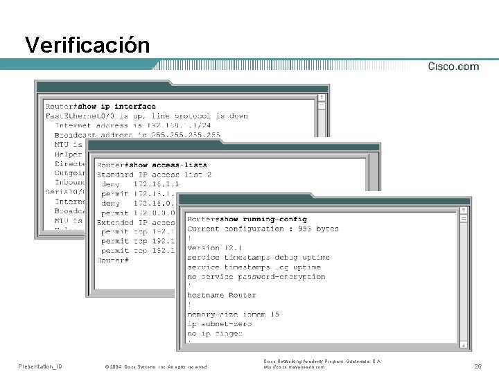 Verificación Presentation_ID © 2004, Cisco Systems, Inc. All rights reserved. Cisco Networking Academy Program,