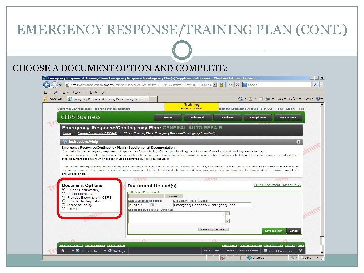 EMERGENCY RESPONSE/TRAINING PLAN (CONT. ) CHOOSE A DOCUMENT OPTION AND COMPLETE: 