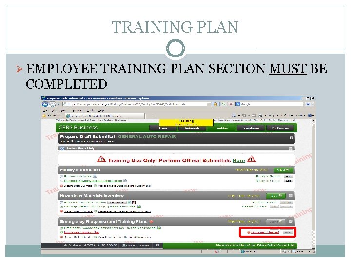 TRAINING PLAN Ø EMPLOYEE TRAINING PLAN SECTION MUST BE COMPLETED 