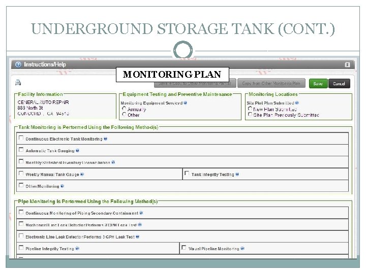 UNDERGROUND STORAGE TANK (CONT. ) MONITORING PLAN 