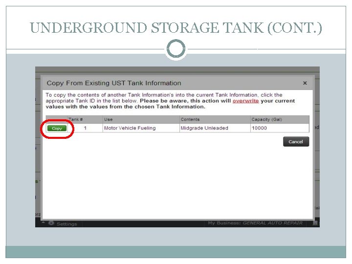 UNDERGROUND STORAGE TANK (CONT. ) 